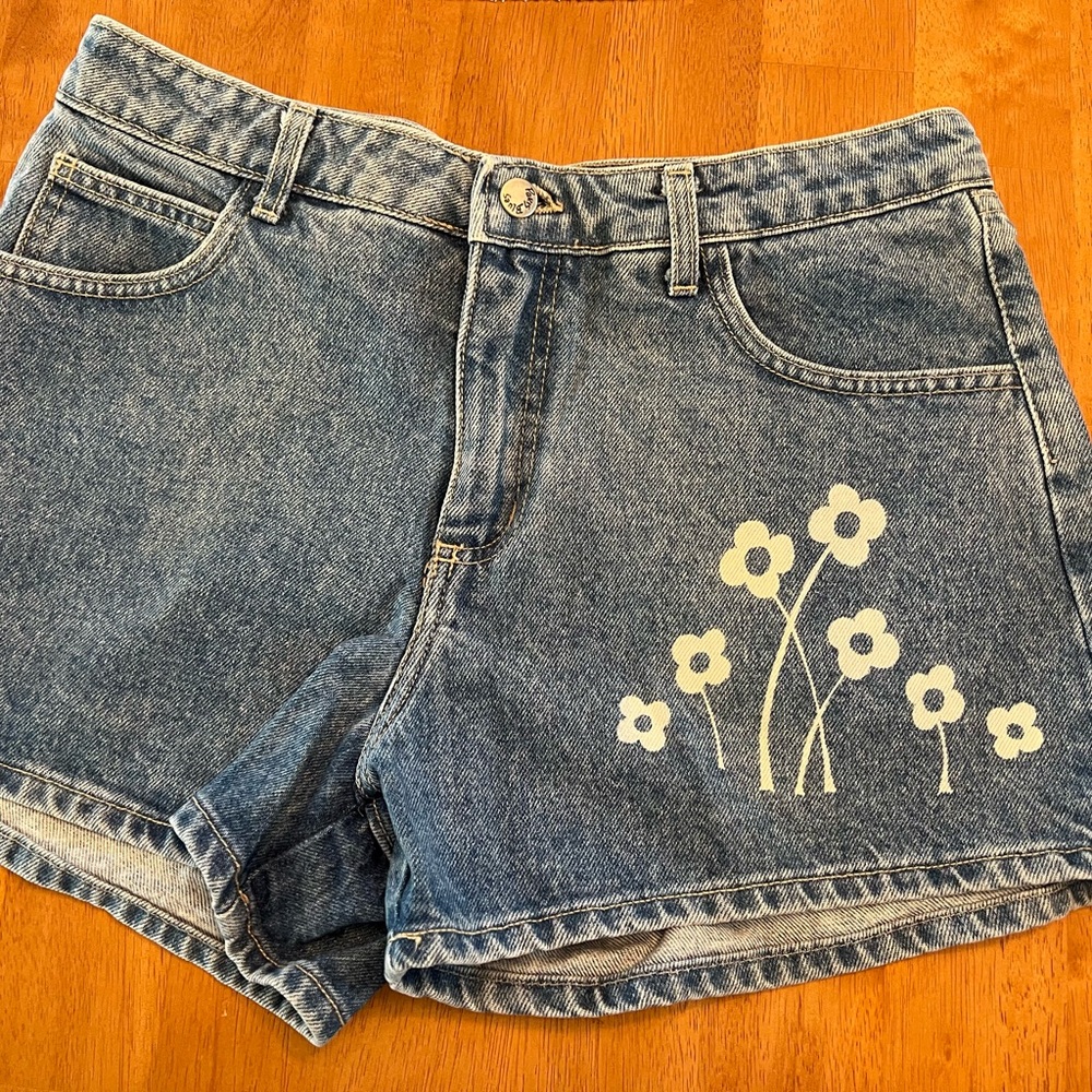 Paris Blues Blue and White Jean Shorts with Vintage Floral Design